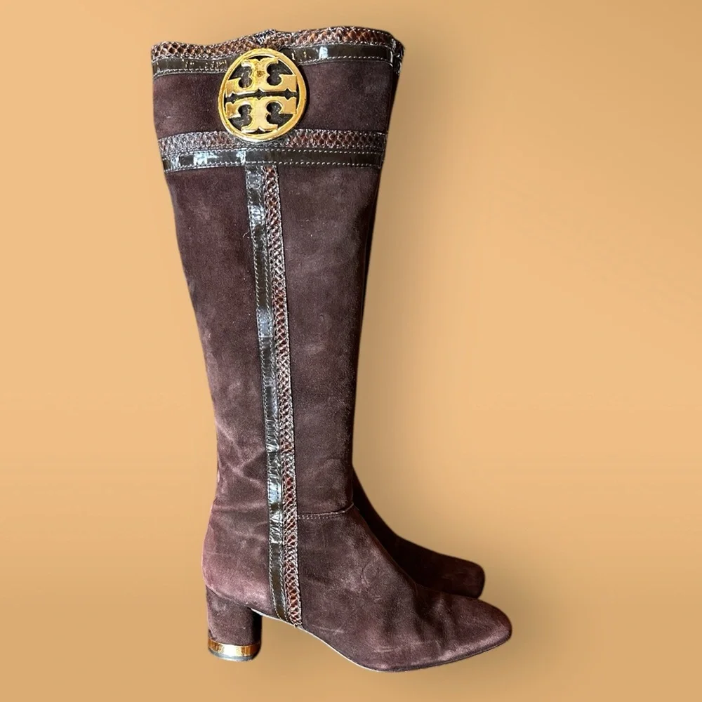 Tori Burch size 7 Brown Gold‎ Sabina suede and snake tall riding heeled boots